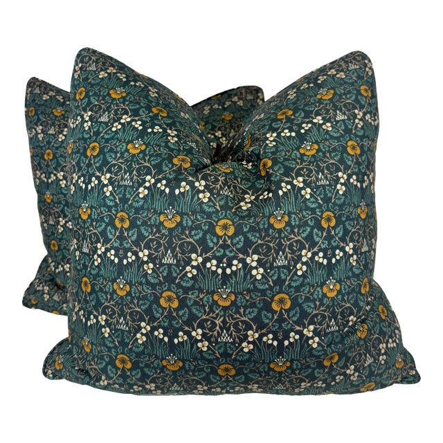 Morris & Co. "Eyebright" in Teal 22" Pillows-A Pair For Sale