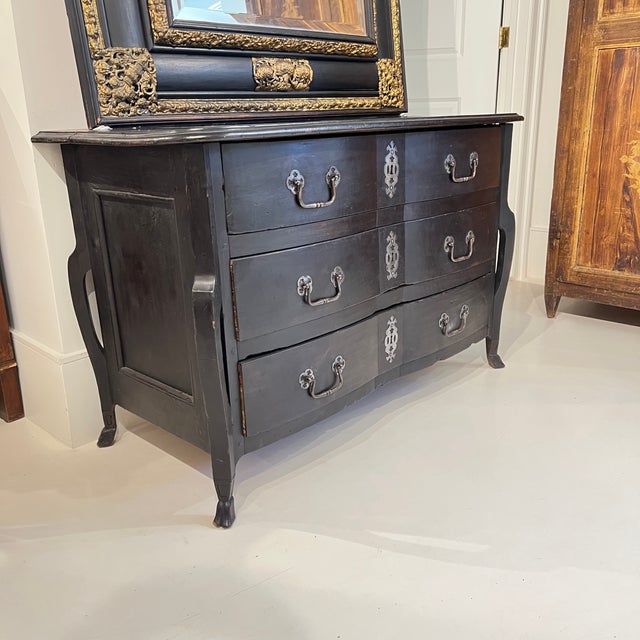French 18th Century French Black Antique Chest W/Hoof Feet and Silver Hardware For Sale - Image 3 of 8