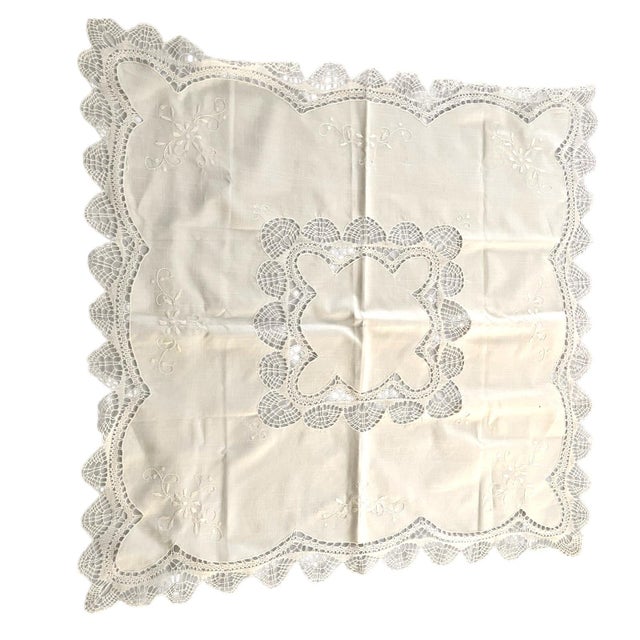 Vintage 35" X 35" White-on-White Linen Battenberg Lace Shabby Chic Victorian Mid-Century For Sale - Image 10 of 11