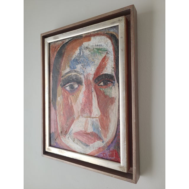 Red Small 1980s Japanese Oil Painting Expressionist Portrait of a Man For Sale - Image 8 of 9