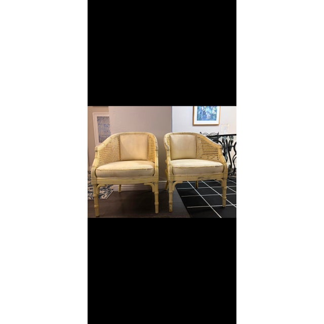 Vintage Solid Wood Faux Bamboo & Cane Barrel Chairs - Pair - Needs Reupholstery For Sale In Phoenix - Image 6 of 8