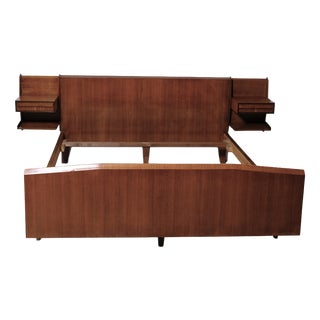 Mid-Century Double Bed with Suspended Wooden Bedside Tables, 1950s For Sale