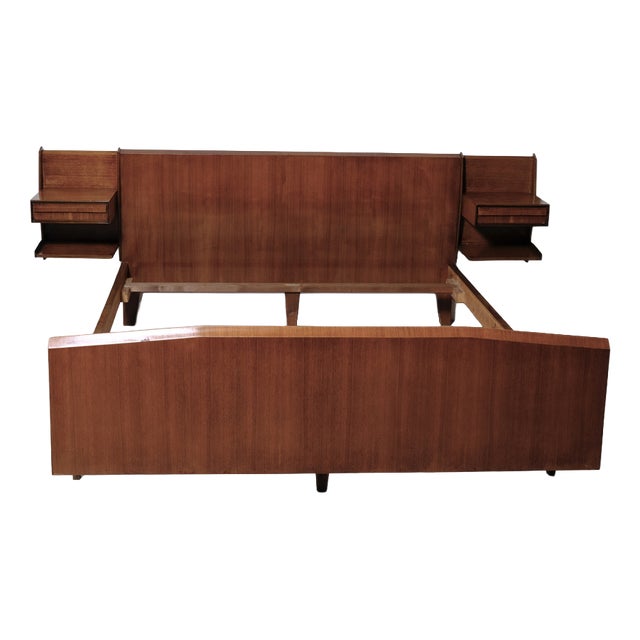 Mid-Century Double Bed with Suspended Wooden Bedside Tables, 1950s For Sale