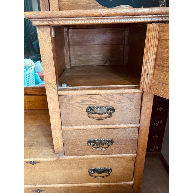 Brown 1900s Antique Oak Bi-Level Gentleman’s Dresser With Swivel Mirror For Sale - Image 8 of 12