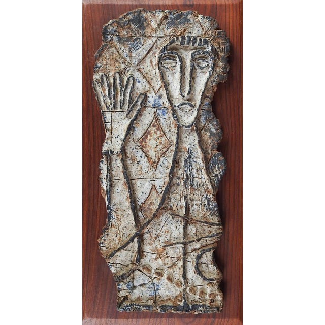 Mid 20th century clay sculpture by Arnold Geissbuhler (1897-1997) Massachusetts. Pottery plaque of abstract figure mounted...