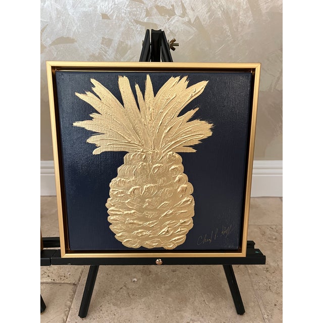 Southern Hospitality Collection; Navy & Gold Pineapples - Designed by Cheryl P. Kohloff - Set of 3 For Sale In West Palm - Image 6 of 6