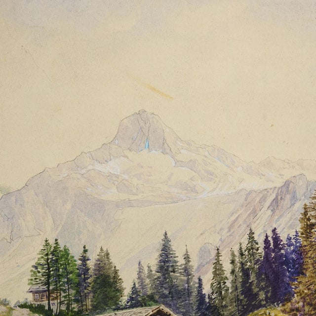 Alpine Landscape Watercolor Painting With Tyrolean Mountain Hut For Sale - Image 4 of 7