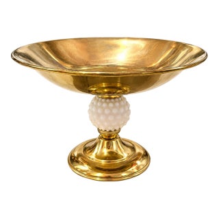 Vintage Hollywood Regency Hobnail Milk Glass & Gold-Tone Pedestal Compote Bowl For Sale