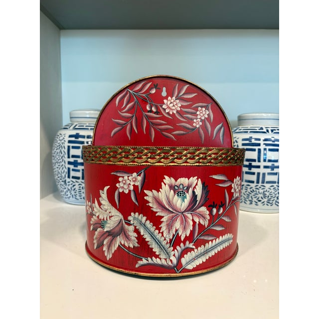 Vintage Hand Painted Red Tole Floral Wall Pocket Planter Mailbox A decorative vintage tole metal wall pocket featuring a...