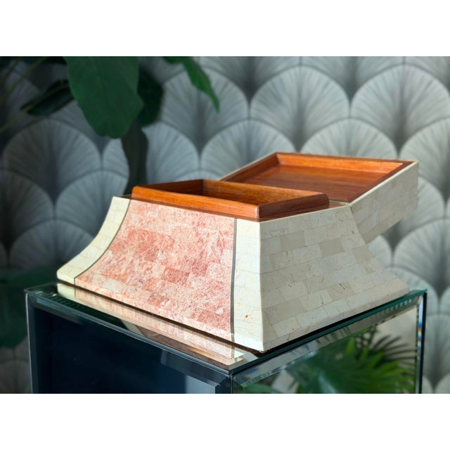 Salmon Vintage Mid-Century Modern Postmodern Tessellated Marble and Brass Jewelry Trinket Box With Wood Interior Attributed to Maitland-Smith For Sale - Image 8 of 12