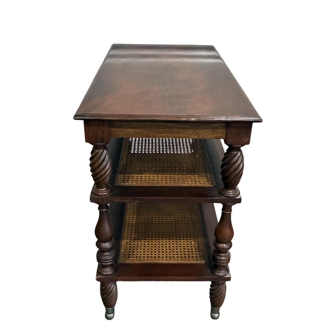 Vintage Baker Milling Road British Colonial Style Three-Tier Stand With Cane Shelves For Sale - Image 9 of 12