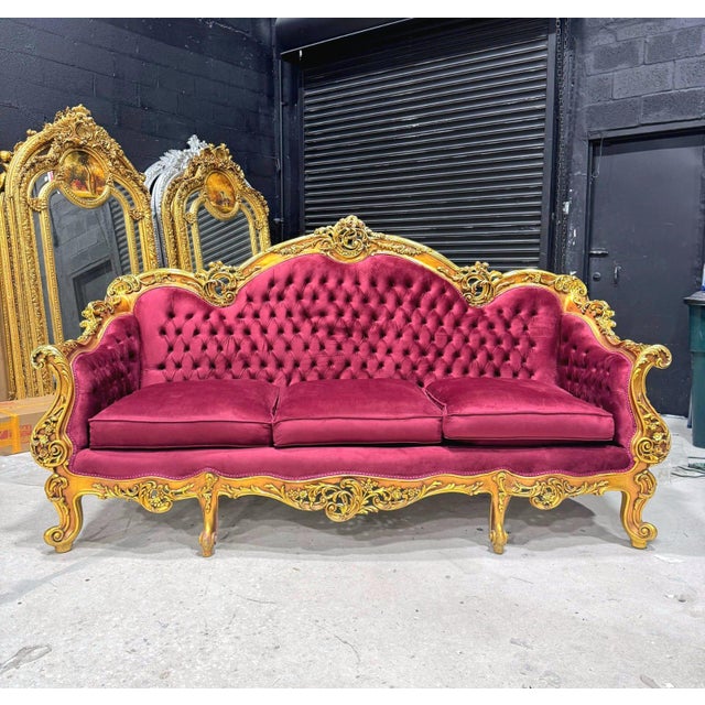 Elevate your home with this stunning Baroque-style French sofa. Upholstered in luxurious damask velvet fabric and accented...