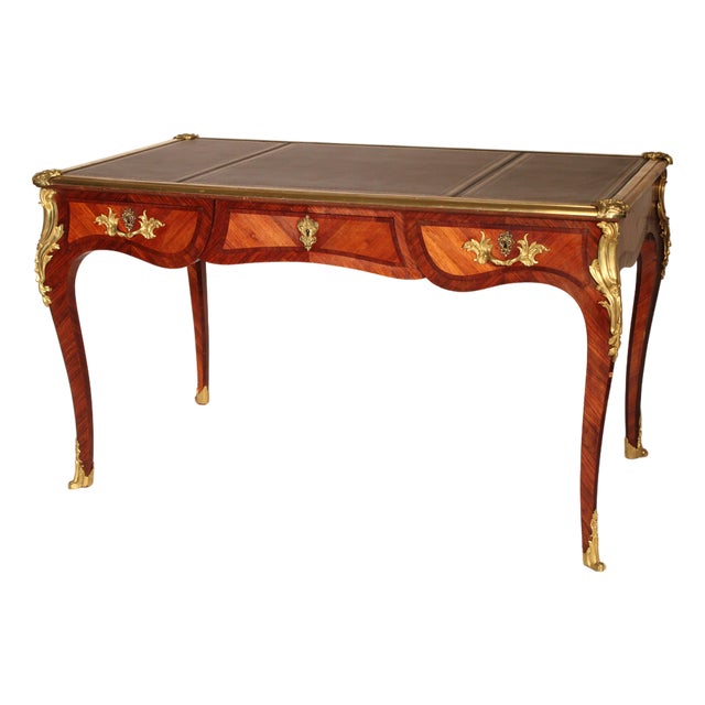 Antique Louis XV Style King Wood and Tulip Wood Bronze Mounted Leather Top Desk For Sale