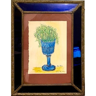 Ben-Zion Weinman, Expressionist Color Drawing Cobalt Glass Vintage Frame Modernist Ben Zion WPA, 1958 For Sale