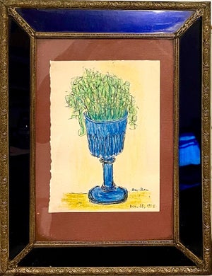Ben-Zion Weinman, Expressionist Color Drawing Cobalt Glass Vintage Frame Modernist Ben Zion WPA, 1958