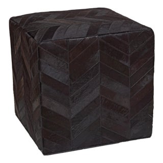 Handmade Black Cowhide Leather Ottoman Pouf 18x18x18 in Chevron Patchwork For Sale