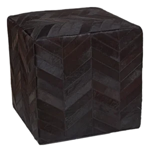 Handmade Black Cowhide Leather Ottoman Pouf 18x18x18 in Chevron Patchwork