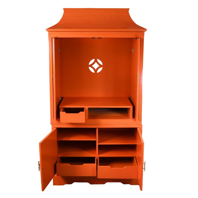 Chinoiserie 1970s Orange Chinoiserie Pagoda-Top Armoire For Sale - Image 3 of 5