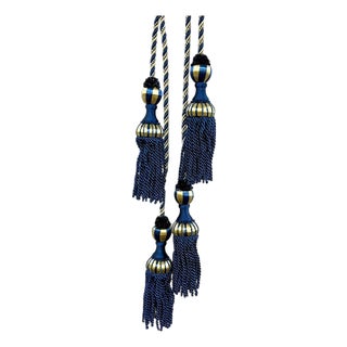 Vintage French Passementerie Drapery Tassel Blue and Gold For Sale