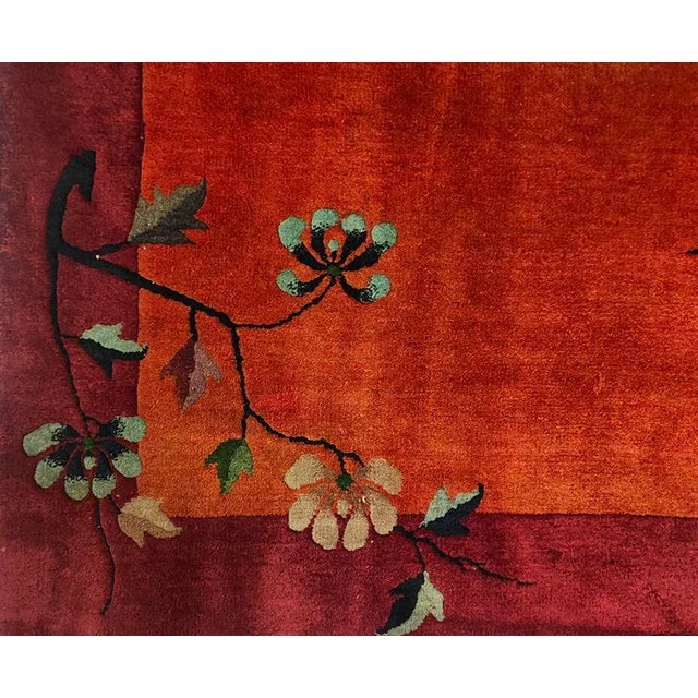 1920s Ruby Red Floral Antique Chinese Art Deco Rug 5' X 6'9" Knotted Pile Wool Carpet For Sale - Image 4 of 9