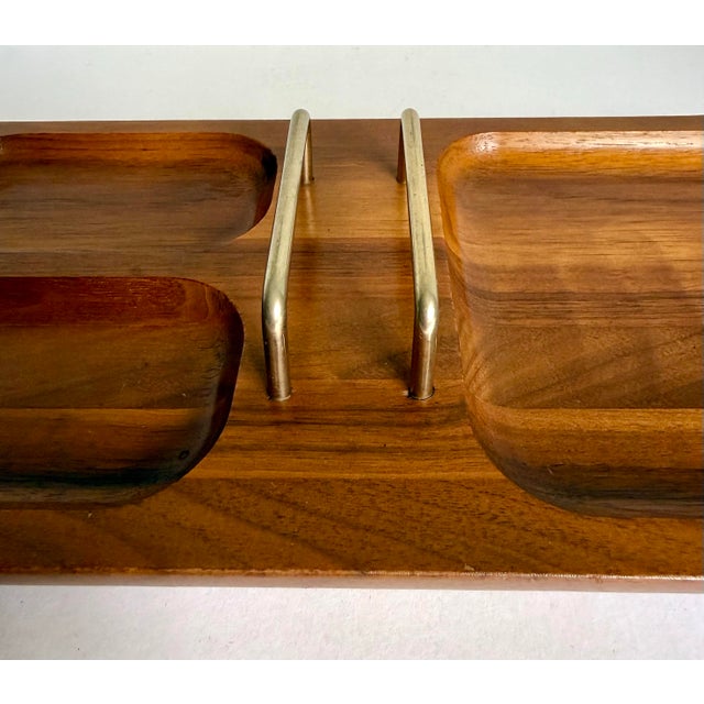 1950s Mission California Mid-Century Carved Wood Desk Organizer With Brass Dividers For Sale - Image 4 of 7