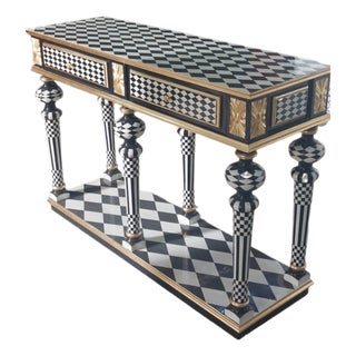 Vintage Harlequin Entryway Console Table Black & White Hollywood Regency For Sale