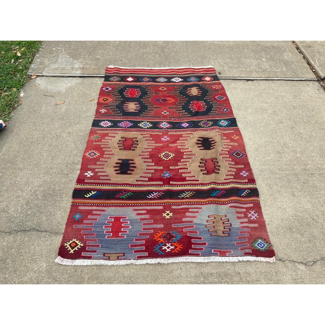 Textile Vintage Turkish Tribal Red Flat-Weave Kilim Rug For Sale - Image 7 of 7