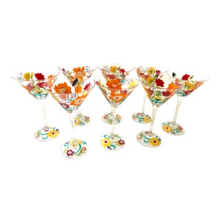 Cheerful Martini Glasses With Colorful Flowers Pattern Set 8 For Sale