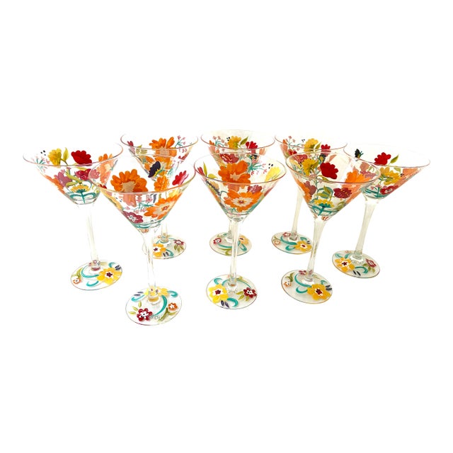 Cheerful Martini Glasses With Colorful Flowers Pattern Set 8 For Sale
