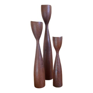 Midcentury Modern Danish Teak Tulip Candlesticks- Set of 3 For Sale