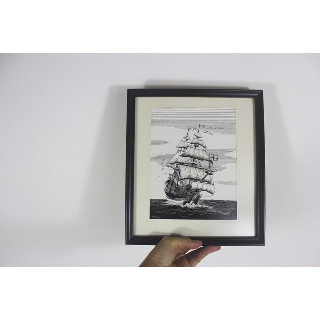 Vintage Pen and Ink Clipper Sailing Ship Framed Art Signed by Artist Sailboat Black and White Small For Sale - Image 9 of 11