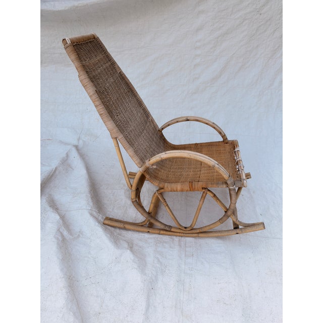 1950s Vintage MCM French Style Rattan Bamboo Wicker Back Rocker For Sale - Image 5 of 8