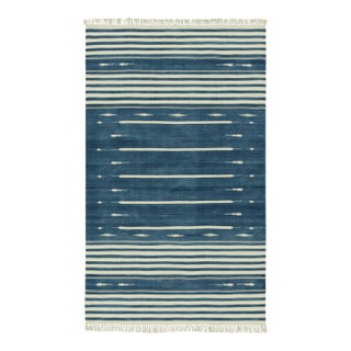 Rug & Kilim's Modern Dhurrie Rug in Blue with White Stripes & Geometric Patterns - 12x16 For Sale