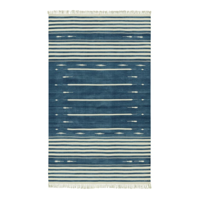Rug & Kilim's Modern Dhurrie Rug in Blue with White Stripes & Geometric Patterns - 12x16 For Sale