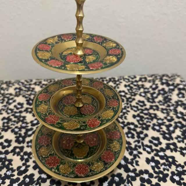 Mid-Century Modern Vintage 3-Tier Indian Etched Brass & Enamel Serving Stand - Floral Design For Sale - Image 3 of 4