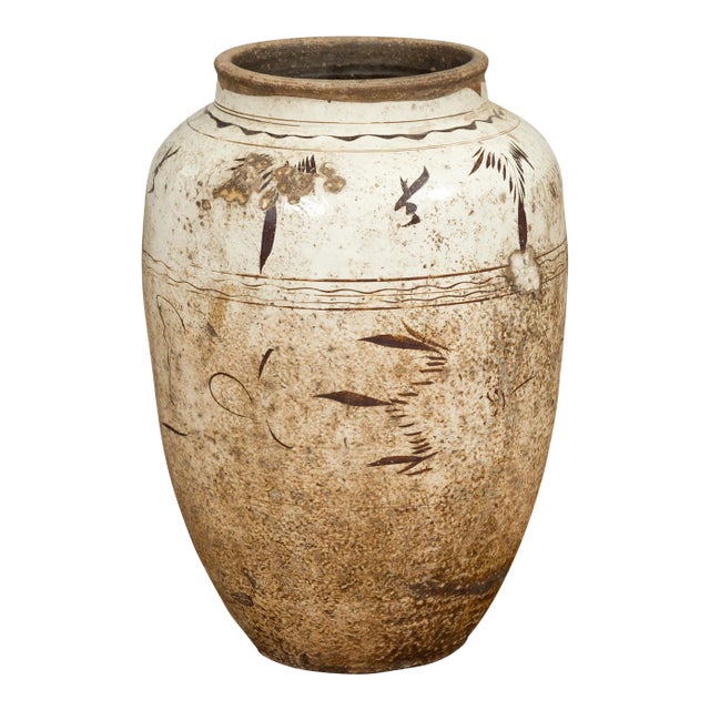 Thai Sawankhalok 1850s Exterior Water Jar with Distressed White Patina For Sale