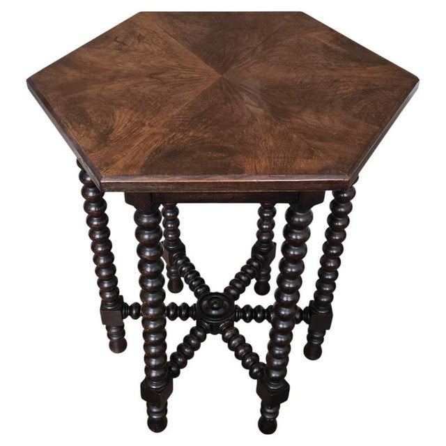 Antique Italian Hexagonal Walnut Side Table with Bobbin Turned Legs, 1890s For Sale - Image 11 of 11