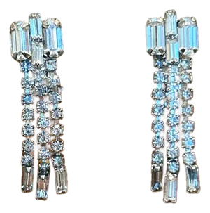 Vintage Weiss Rhinestone Dangle Clip Earrings | 1950s Silver-Tone Waterfall Design With Baguette & Round Crystals, A Pair