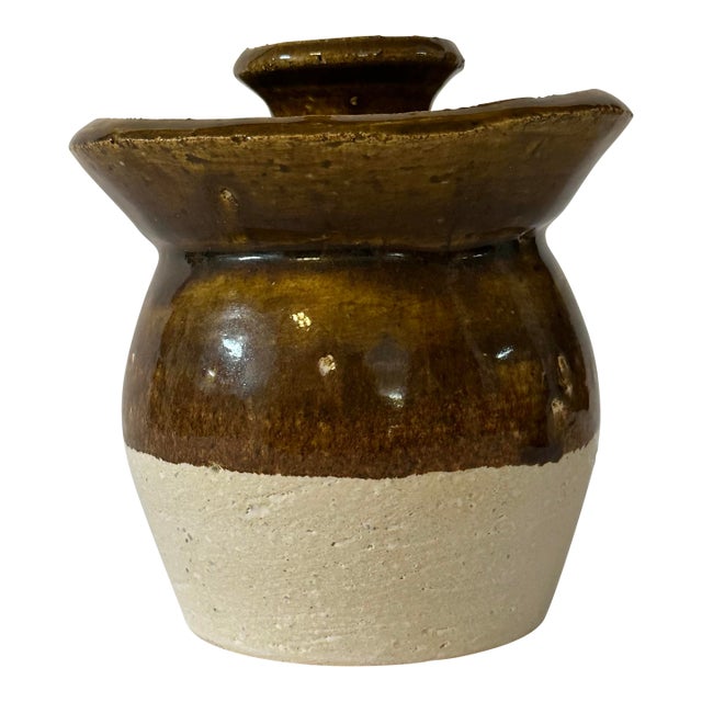 Vintage Mid 20th Century Hand Made Brown & Cream Glazed Honey Jar For Sale