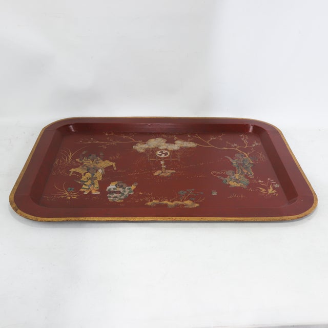 Vintage Red Lacquer Rectangular Tray With Hand Painted Gold Asian Festival Scene and Chinoiserie Style For Sale In New York - Image 6 of 13