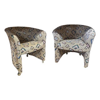 1970s Pair of Fun Design Covered Tan Chairs on Wheels- Missing 1 Wheel For Sale