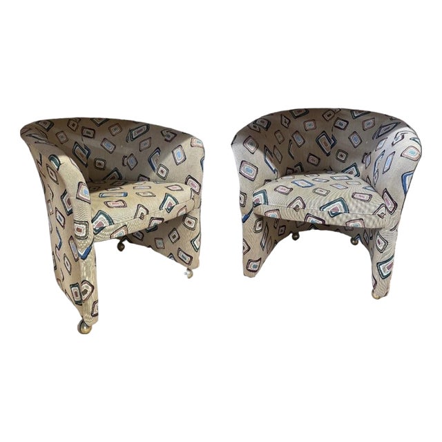 1970s Pair of Fun Design Covered Tan Chairs on Wheels- Missing 1 Wheel For Sale