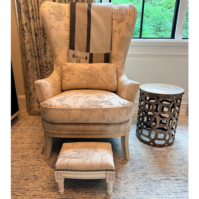 Contemporary Tall Embroidered Wingback With Footstool For Sale - Image 3 of 13