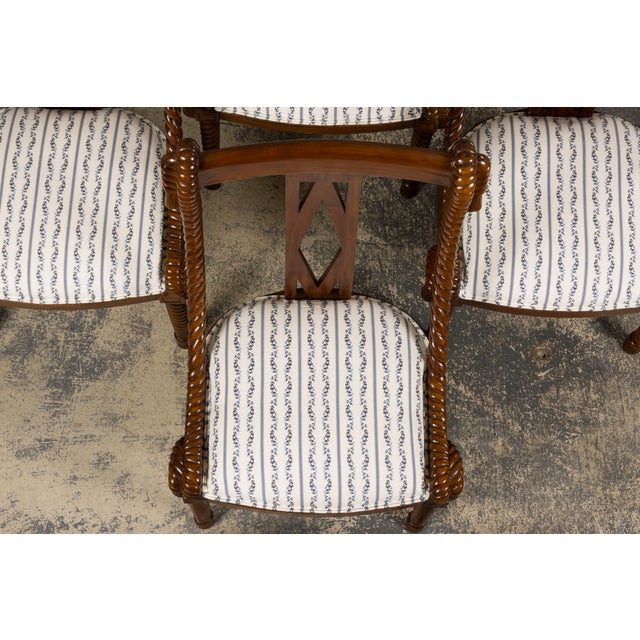 Napoleon III Style Faux Rope Mahogany Gondola Dining Chairs in Blue Stripe - Set of 12 For Sale - Image 4 of 18