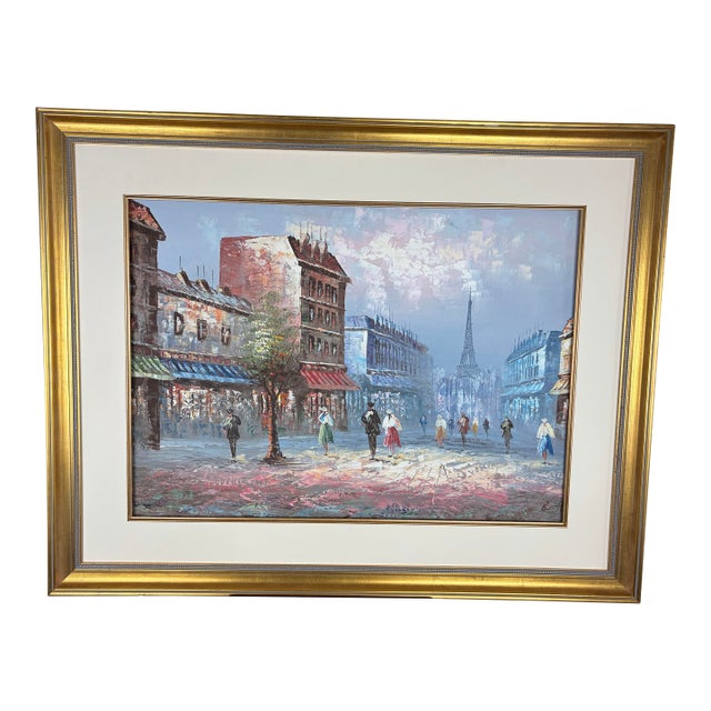 Mid 20th Century Stunning 39" Framed Paris Oil Painting – "Burnett" Eiffel Tower For Sale