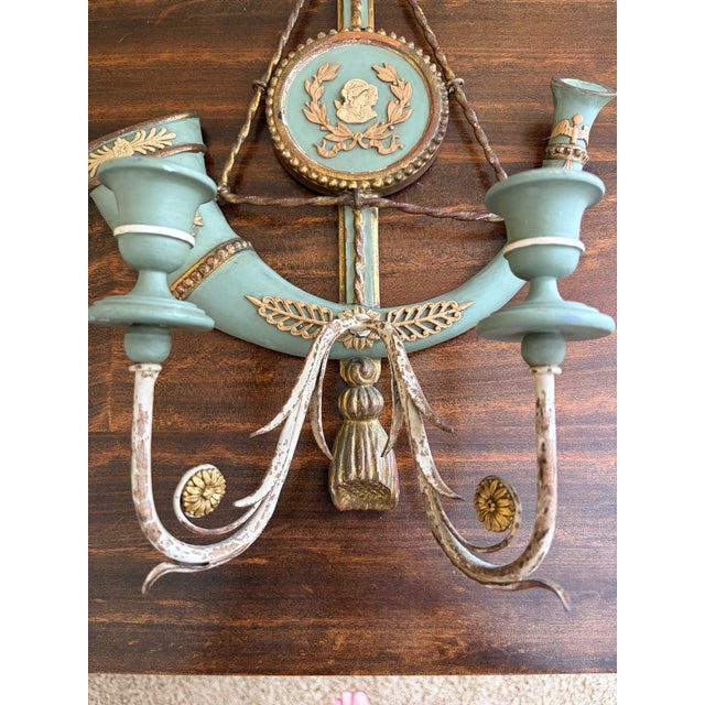 Large Italian Neoclassical Green and Gold Gilt Wall Candle Sconces, Pair For Sale - Image 15 of 16
