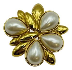 1990s Napier Gold Tone Faux Pearl Brooch