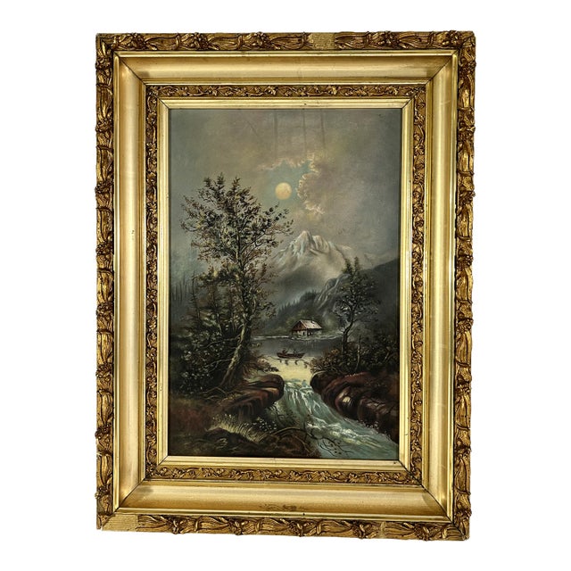 Antique Landscape Painting in Period Lemon Gold Gilt Frame For Sale