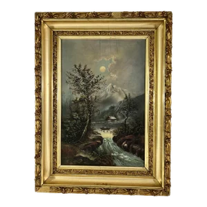 Antique Landscape Painting in Period Lemon Gold Gilt Frame