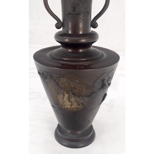 Early 20th Century Large Brass or Bronze Asian Two Handles Vase Urn Birds Motif Reliefs Clean! For Sale - Image 9 of 12